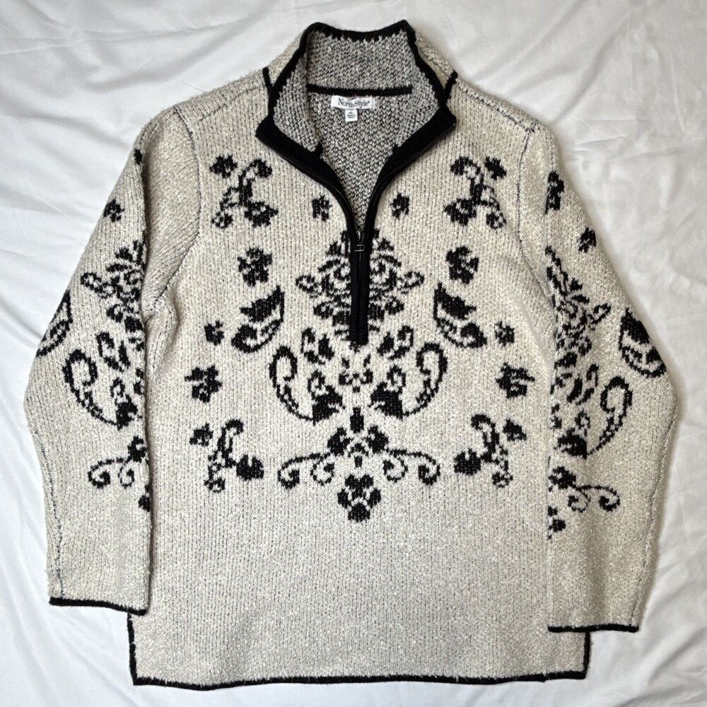 NorthStyle Women XL Knit 1/4 Zip Pullover Sweater Tan Black cozy cottagecore